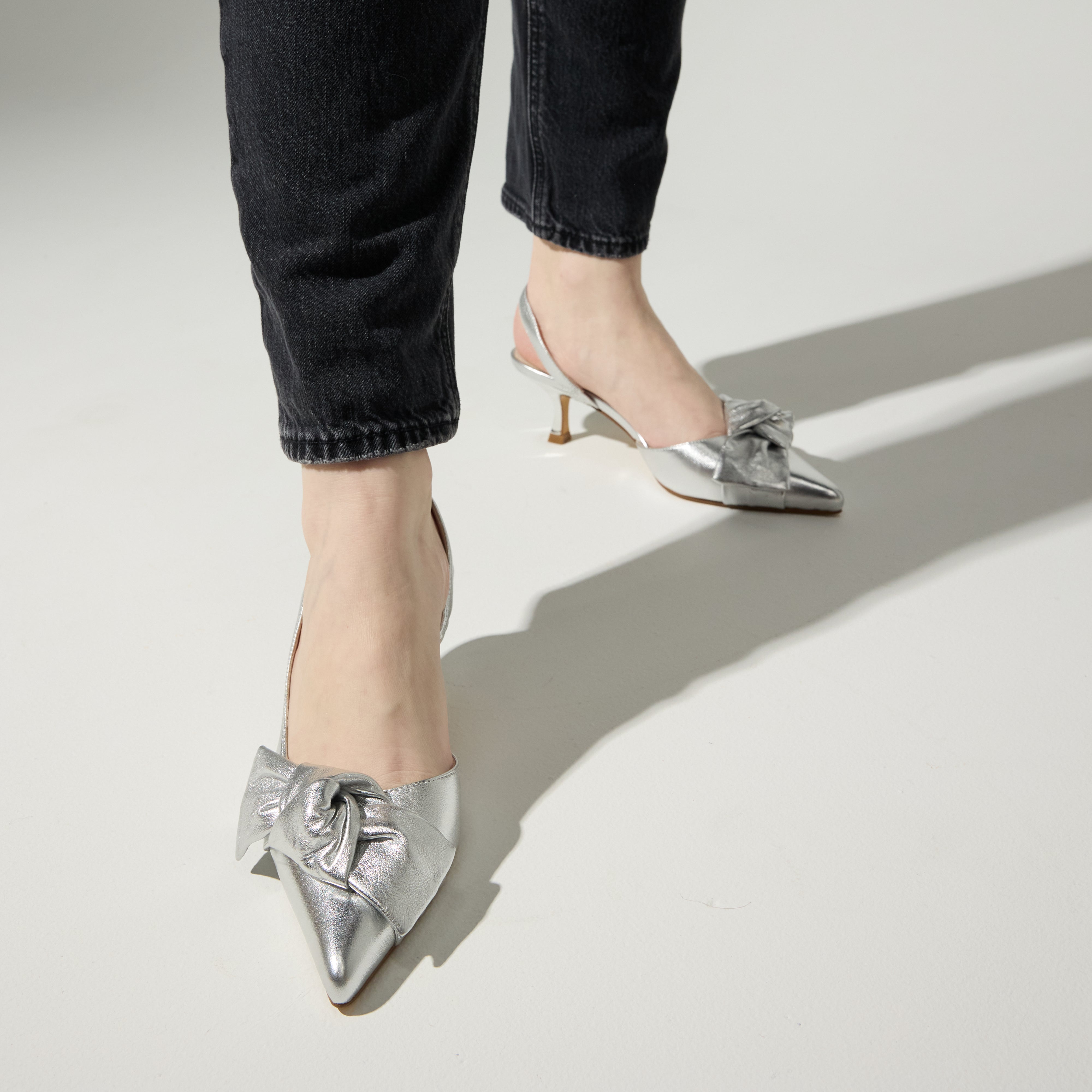 Kaleigh Bow Heel in Silver Leather