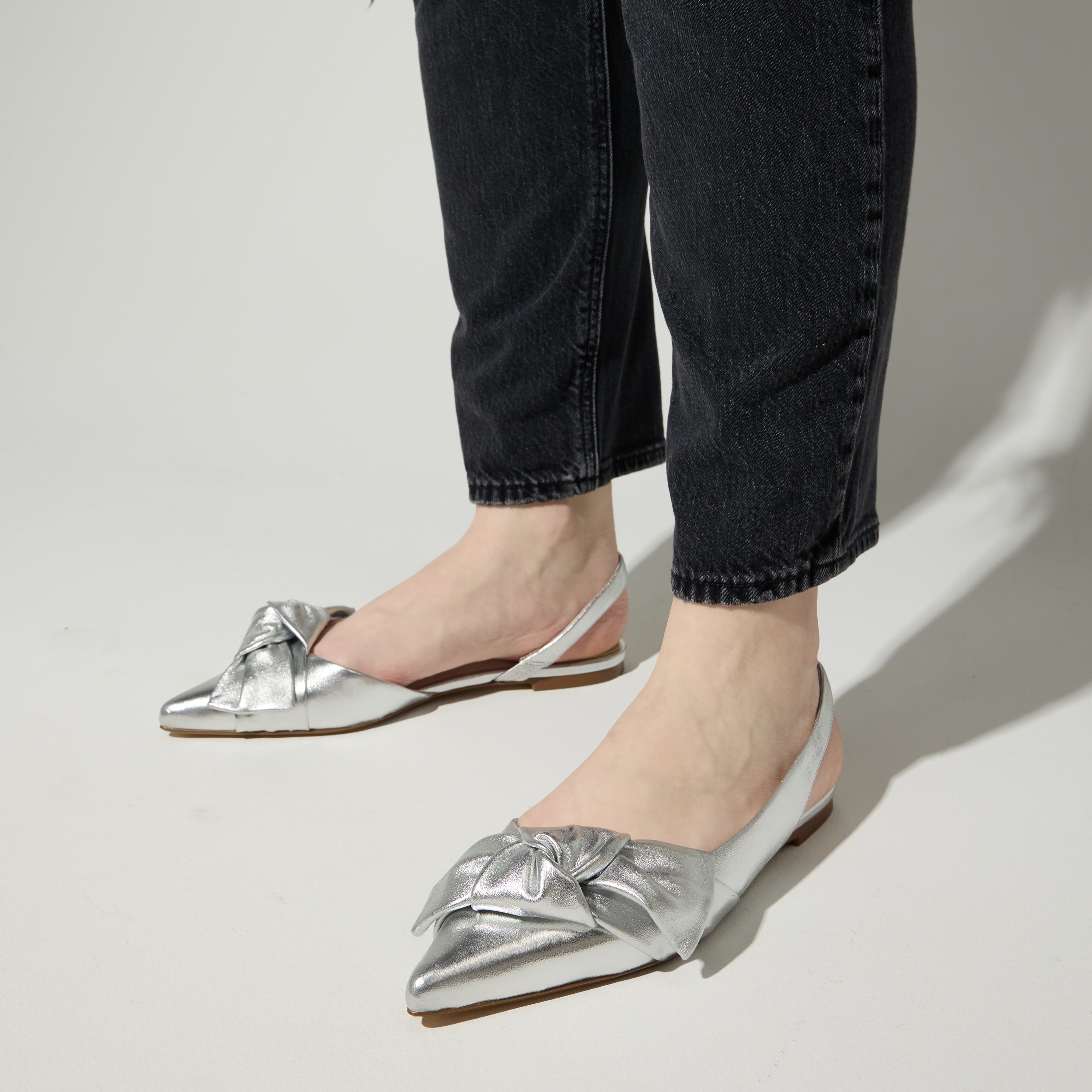 Violet Slingback Flat in Silver Leather