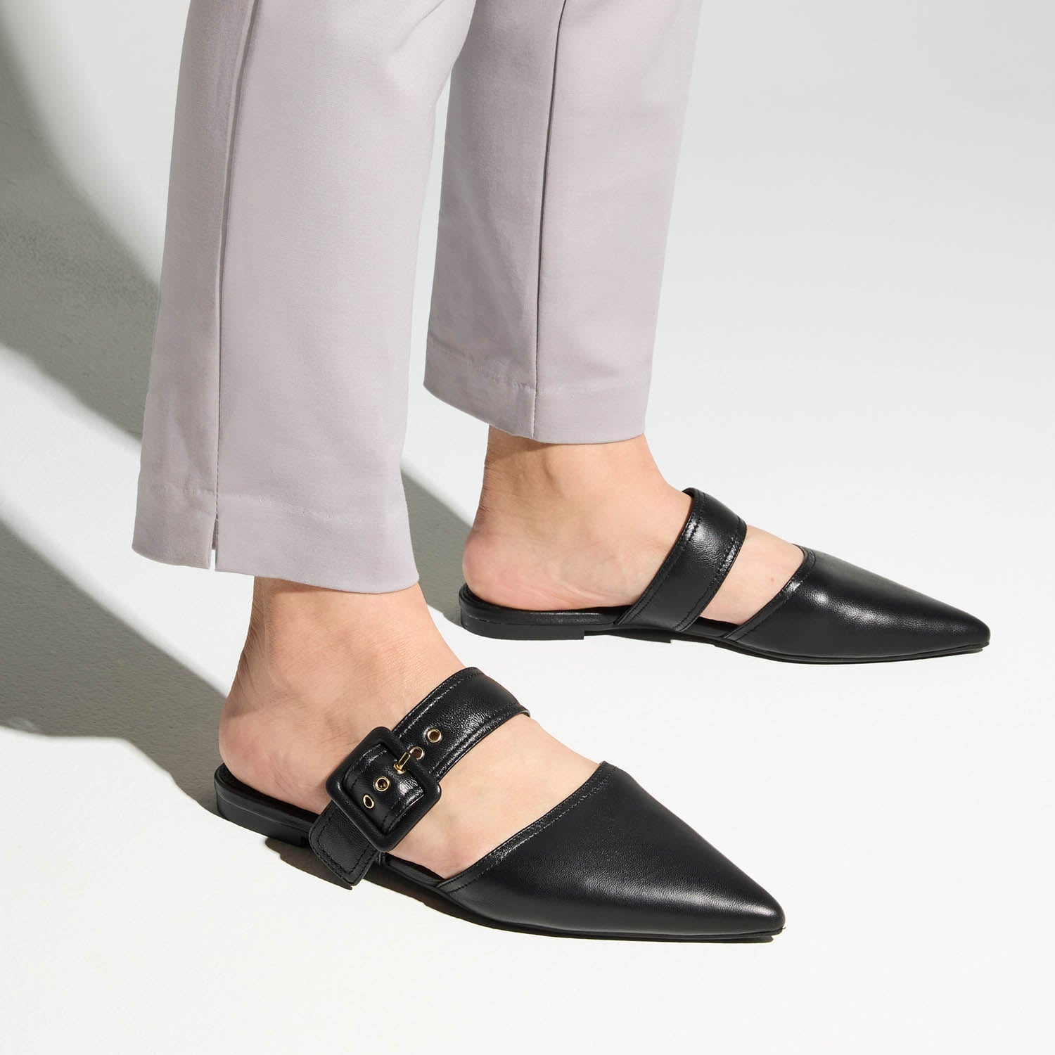 Valerie Buckle Mule in Black Leather