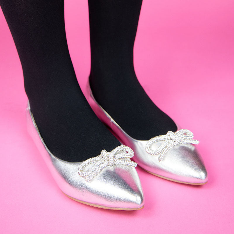 Vivienne Crystal Bow Flats in Silver Leather