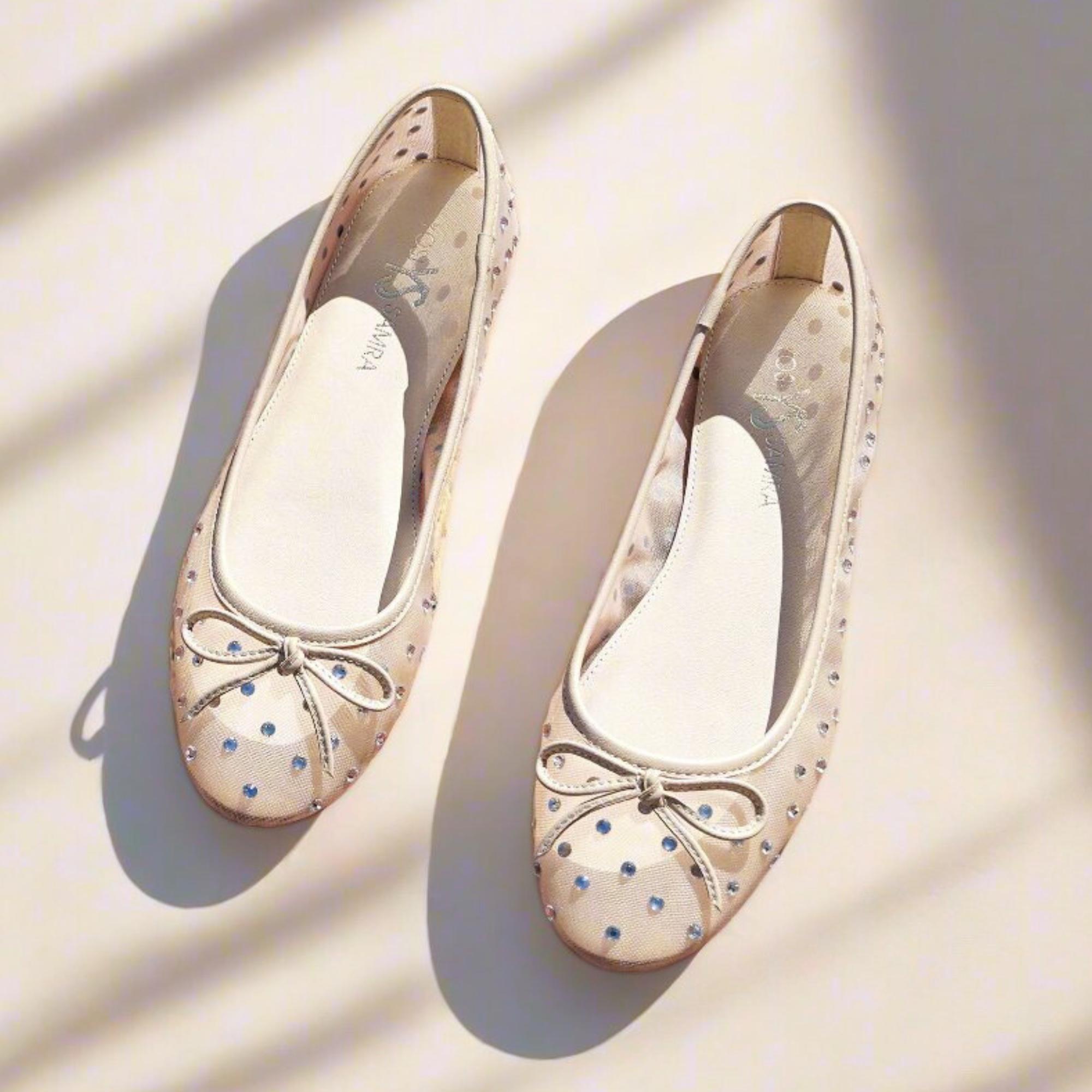 Sadie Ballet Flat in Beige Crystal Mesh